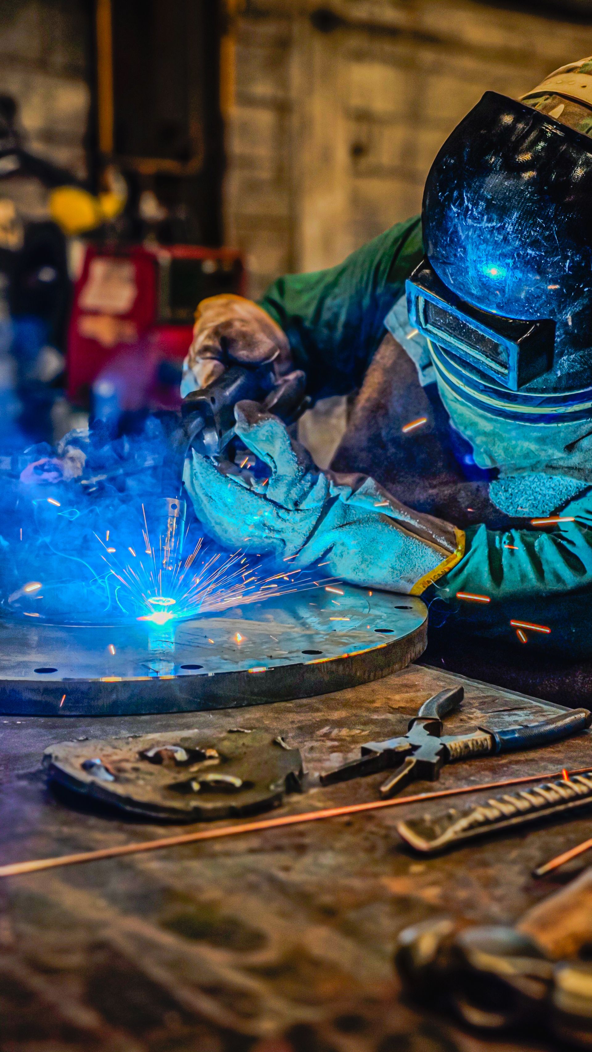 Welder with bright sparks